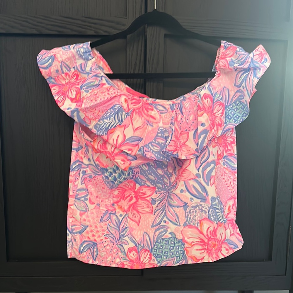 Floral Ruffle Off-Shoulder Top - Pink and Blue